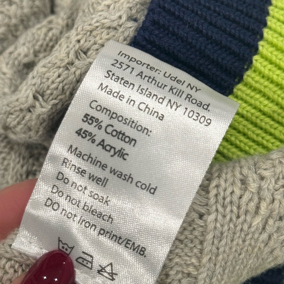 Grey Logo Knit Sweater with Green and Navy Stripe Trim - Picture 5 of 5